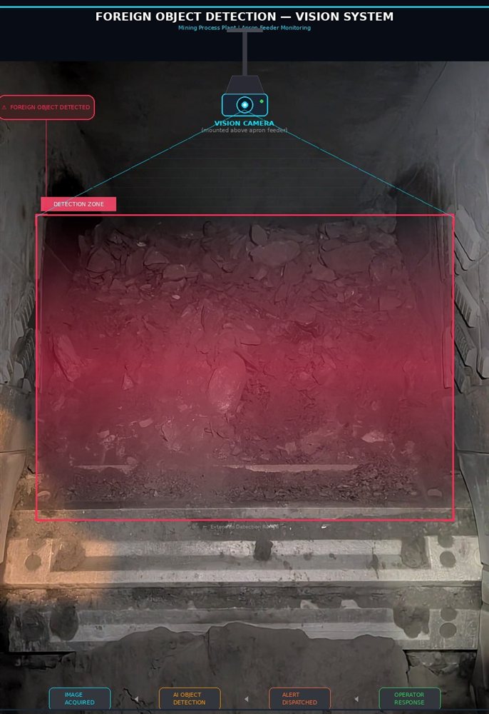 CrusherBuddy vision system: a camera mounted above the apron feeder with its detection zone marked over the material, flagging a foreign object